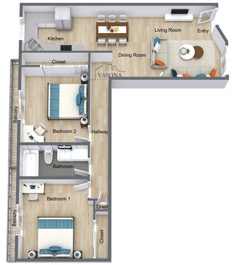 A floor plan of a Vasona apartment with two bedrooms, a living room, a dining room, a kitchen, a bathroom, a hallway, a closet, and a balcony.